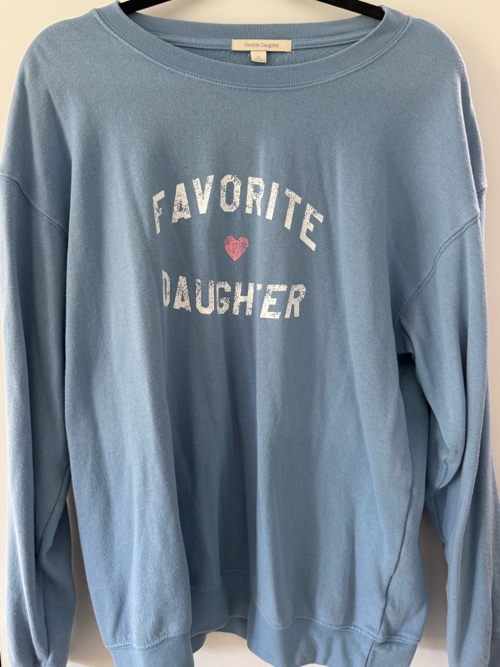 Favorite Daughter Powder Blue Crewneck Sweatshirt with Pink Heart